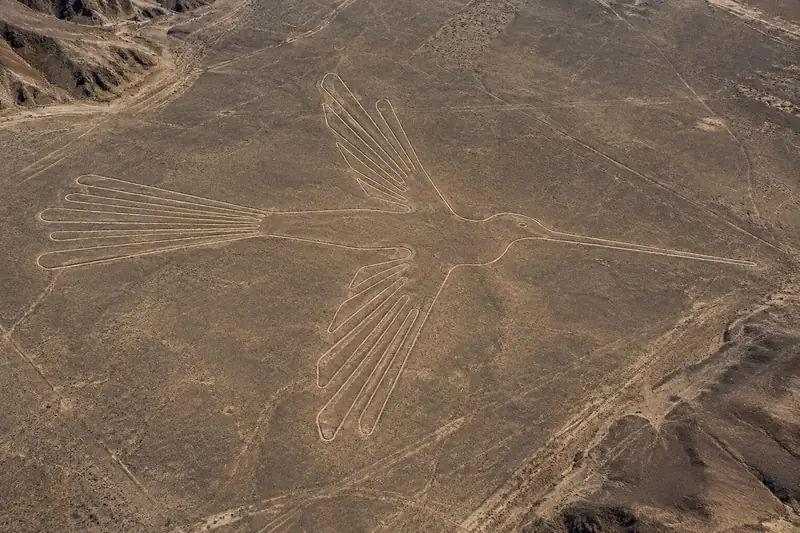 Géoglyphe d’oiseau aux ailes déployées tracé dans le désert, vu du ciel