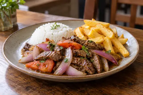 Lanières de bœuf sautées avec oignon rouge et tomate, frites et riz blanc