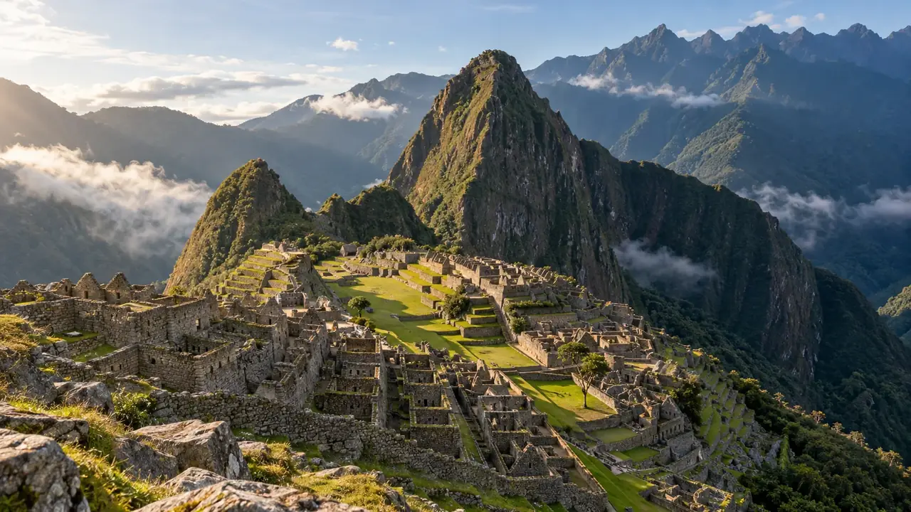 La citadelle de Machu Picchu, ses terrasses et ses ruines, devant le pic du Huayna Picchu et des montagnes dans la brume