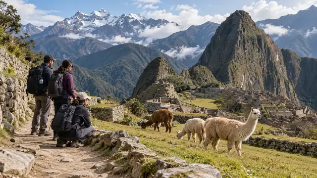 Trois randonneurs avec sacs à dos sur un sentier dominant Machu Picchu, des lamas broutent sur les terrasses