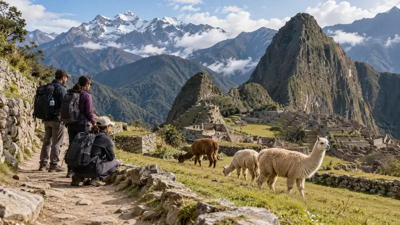 Trois randonneurs avec sacs à dos sur un sentier dominant Machu Picchu, des lamas broutent sur les terrasses