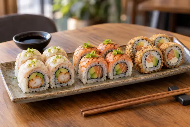 Plateau de makis assortis : rouleaux panés et rouleaux nappés de saumon flambé, avec sauce soja et baguettes