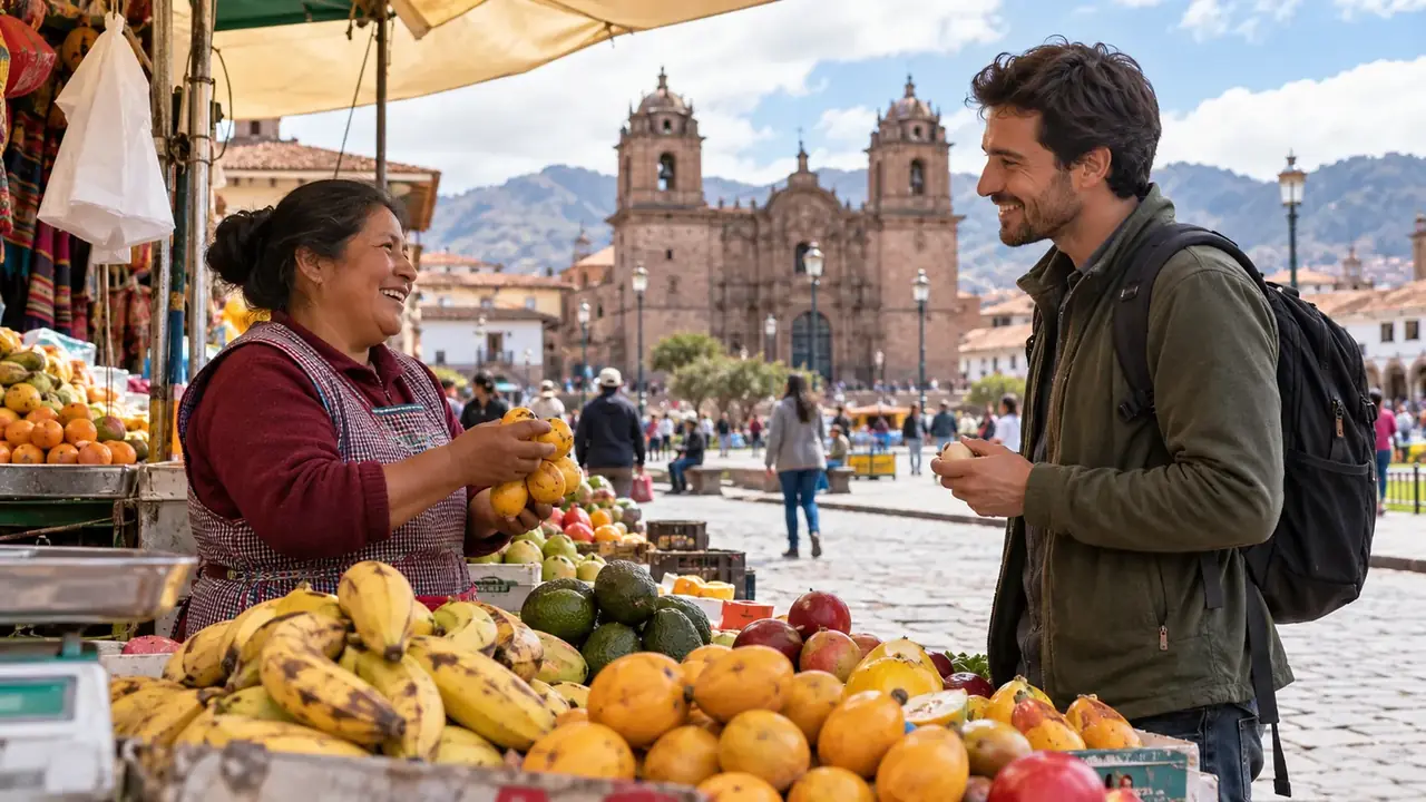 Une marchande de fruits souriante tend des fruits à un voyageur, devant une place pavée et une église de pierre à deux tours