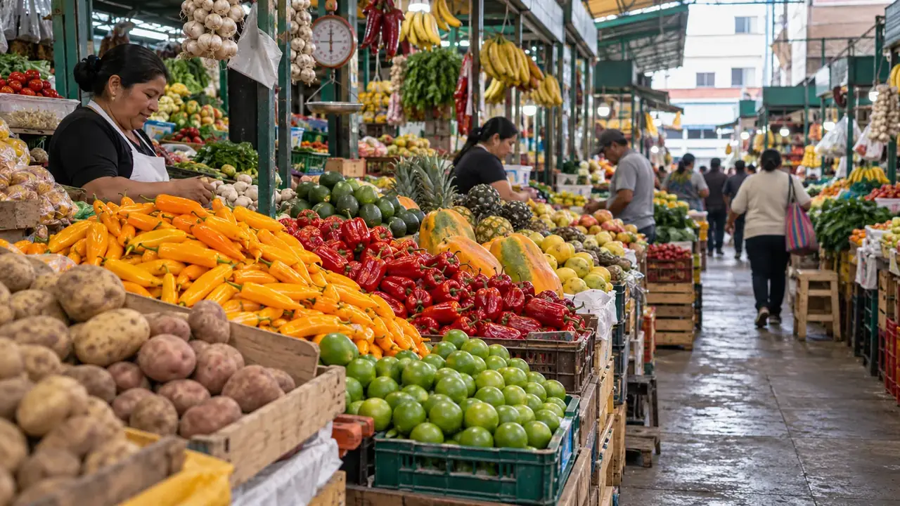 Allée de marché couvert : pommes de terre, piments jaunes et rouges, citrons verts, papayes et bananes sur les étals, une vendeuse au premier plan