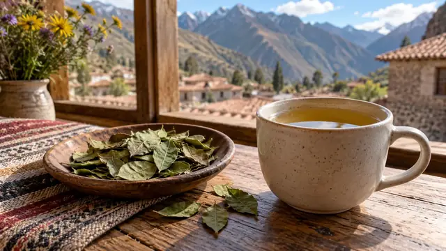 Tasse d’infusion de coca et coupelle de feuilles de coca séchées, devant une fenêtre donnant sur des toits de tuiles et des montagnes