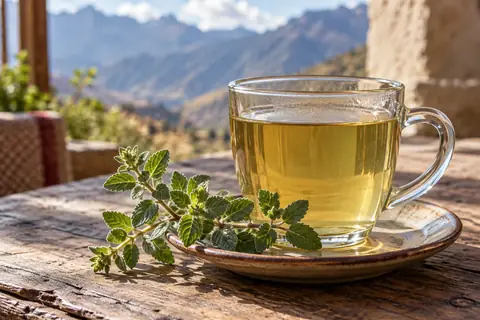 Tasse d’infusion dorée et brin de muña sur la soucoupe, montagnes en arrière-plan
