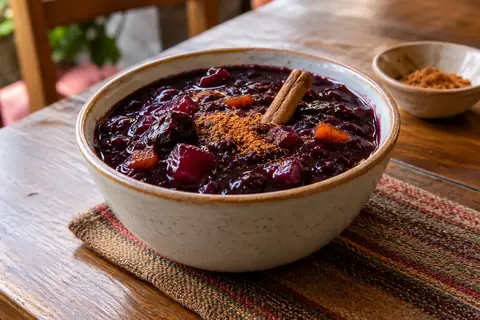 Bol de mazamorra morada, crème violette aux morceaux de fruits, saupoudrée de cannelle