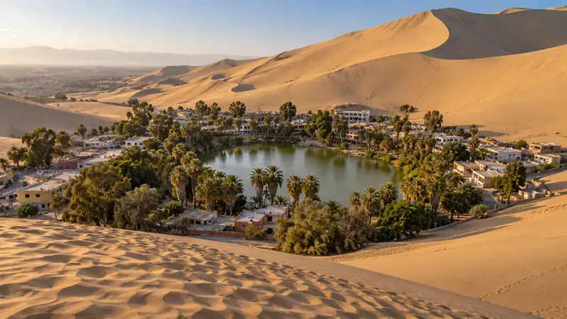 Lagune verte entourée de palmiers et de maisons basses, au creux de hautes dunes de sable doré, vue depuis une crête