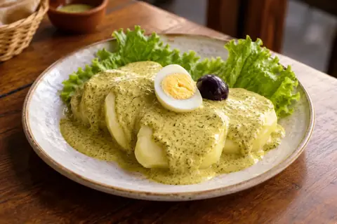 Pommes de terre nappées d’une sauce ocopa vert pâle, avec œuf dur, olive noire et feuilles de laitue