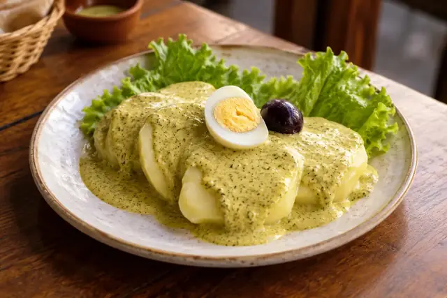 Pommes de terre nappées d’une sauce ocopa vert pâle, avec œuf dur, olive noire et feuilles de laitue