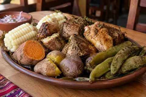 Grand plat de viandes et de pommes de terre cuites sur pierres chaudes, avec patate douce, fèves en cosse et épis de maïs