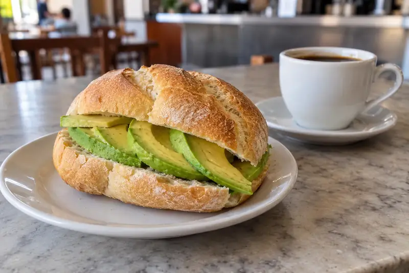 Petit pain garni de tranches d’avocat, accompagné d’un café