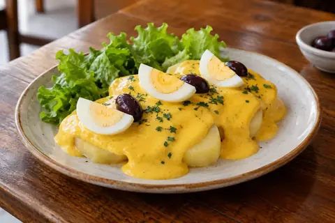 Rondelles de pommes de terre nappées d’une sauce jaune vif, œufs durs, olives noires et laitue