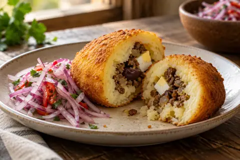 Papa rellena dorée coupée en deux, farcie de viande hachée, avec une salsa criolla