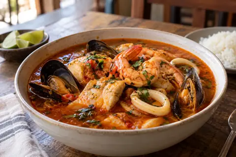 Grand bol de soupe rouge aux fruits de mer : crevettes, moules, calamars et morceaux de poisson