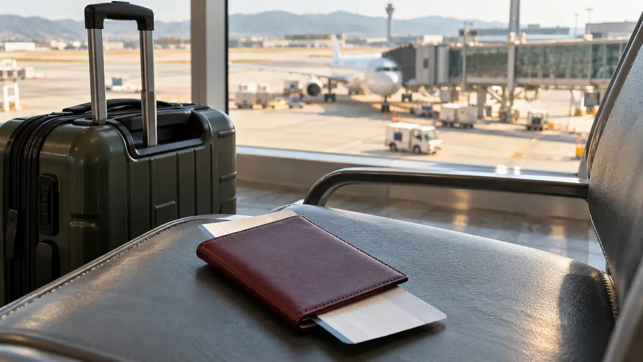 Passeport et carte d’embarquement sur un siège de salle d’attente, valise à côté, avion à la passerelle derrière la vitre