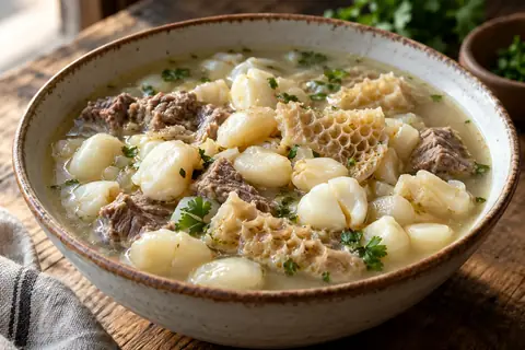 Bol de soupe au gros maïs blanc (mote), avec des tripes et des morceaux de viande