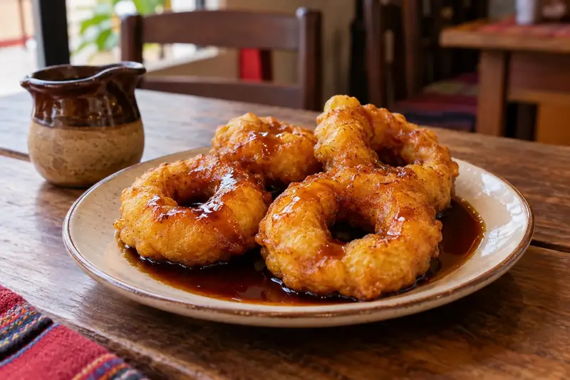 Anneaux de beignets dorés nappés de sirop de chancaca sombre