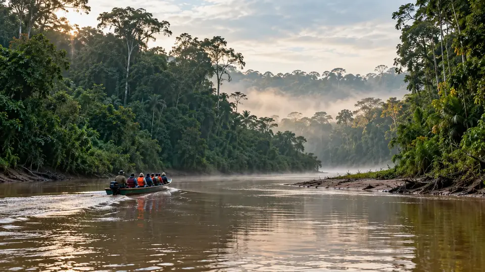 Pirogue à moteur avec des passagers en gilet de sauvetage sur une rivière brune, entre forêt dense et brume