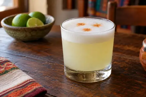 Pisco sour dans un verre bas, mousse blanche marquée de gouttes d’amer, bol de citrons verts à côté