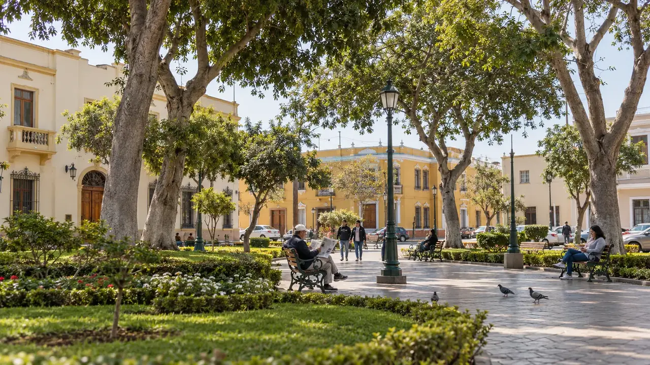 Place plantée de grands arbres et de massifs, bancs et lampadaires, bordée de façades coloniales jaunes et crème