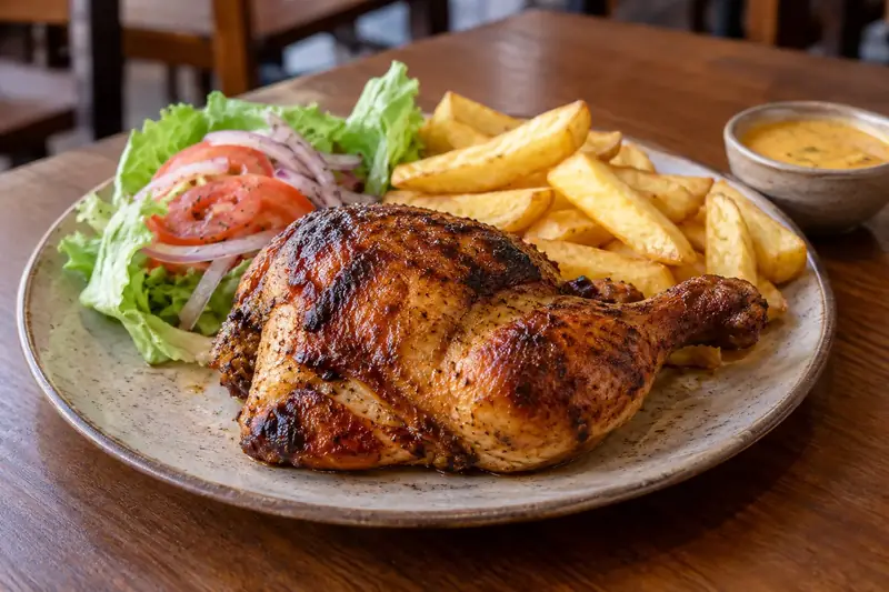Quart de poulet rôti à la peau dorée, frites, salade de laitue, tomate et oignon, petit bol de sauce jaune