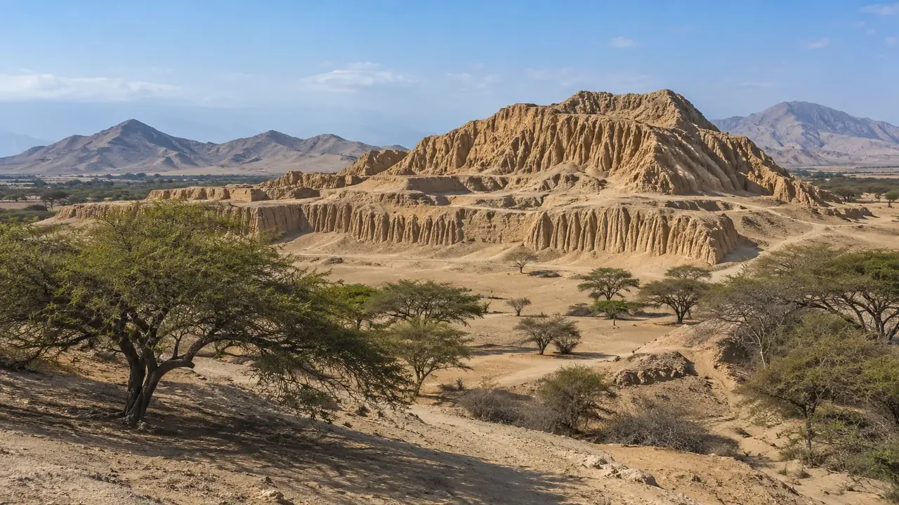 Pyramide de briques crues érodée en reliefs ravinés, au milieu d’une forêt sèche d’arbres bas, montagnes arides au loin