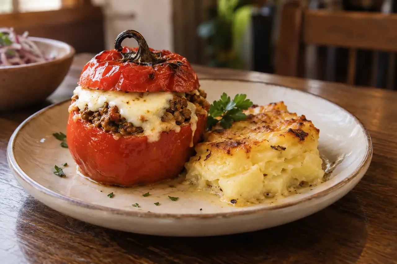 Rocoto rouge farci de viande et gratiné au fromage, à côté d’une part de gratin de pommes de terre
