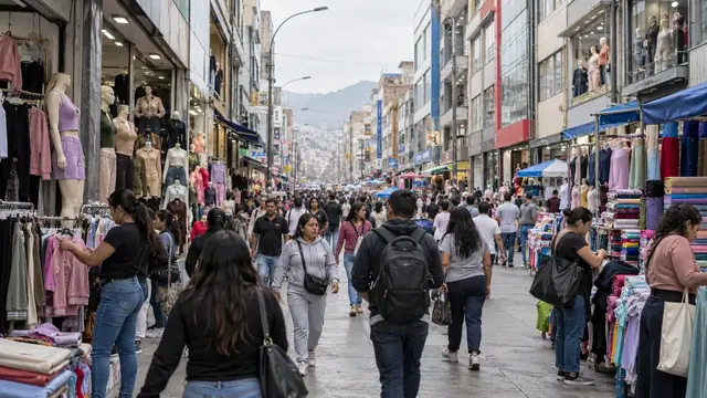 Rue commerçante animée bordée de boutiques de vêtements, de mannequins et de rouleaux de tissu, avec une foule d’acheteurs