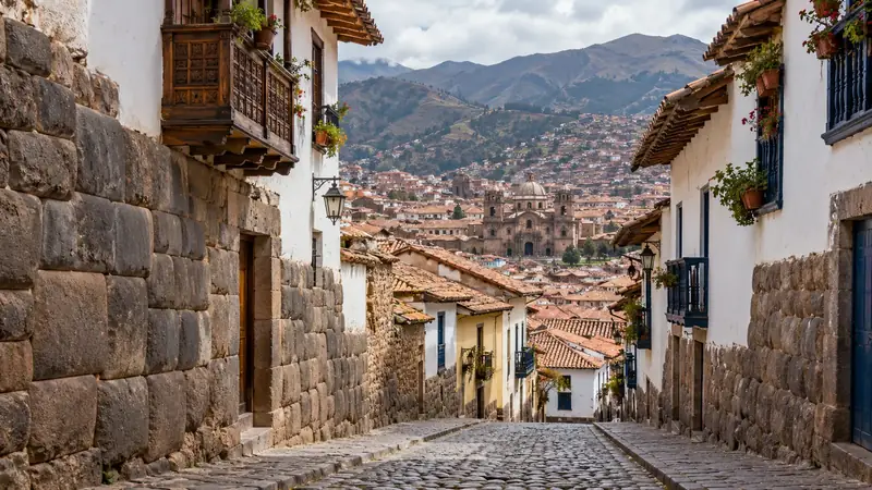 Ruelle pavée en pente entre des murs de pierres incas ajustées et des maisons blanches à balcons de bois, toits de tuiles et cathédrale en contrebas
