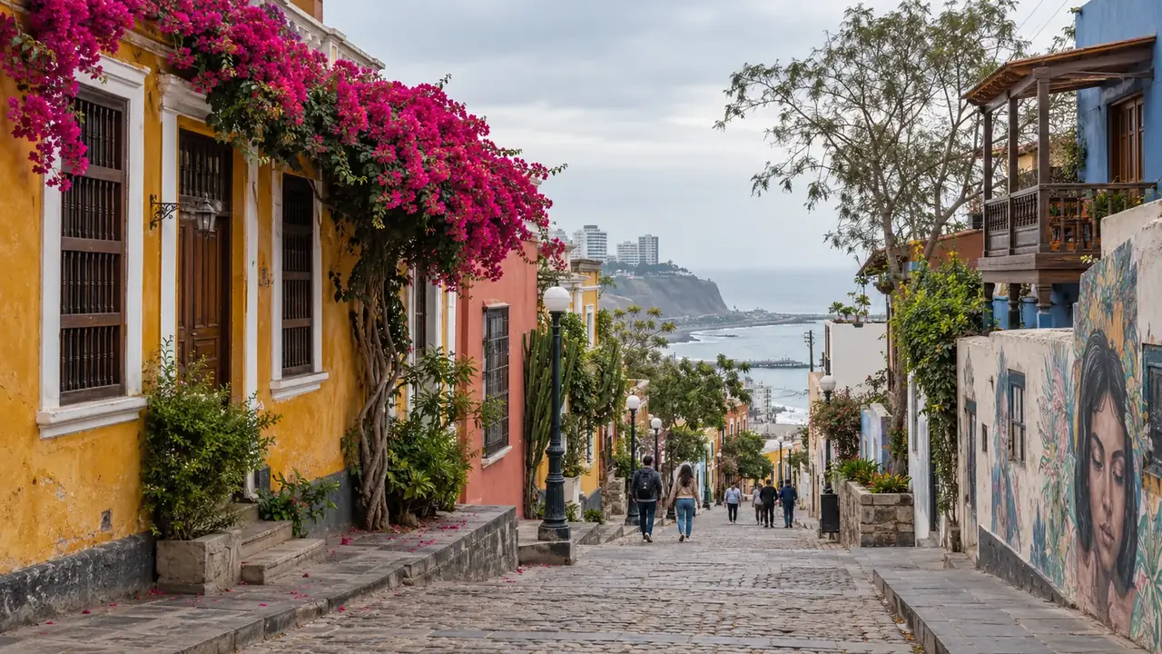 Ruelle pavée en pente bordée de maisons colorées, de bougainvillées et d’une fresque, qui descend vers la mer