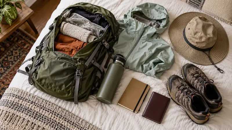 Sac à dos ouvert, veste imperméable, chapeau, gourde, chaussures de marche, carnet et passeport posés sur un lit