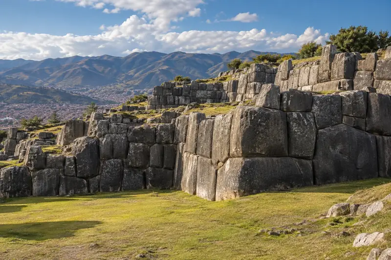 Murailles de gros blocs de pierre ajustés, sur une esplanade herbeuse au-dessus d’une ville