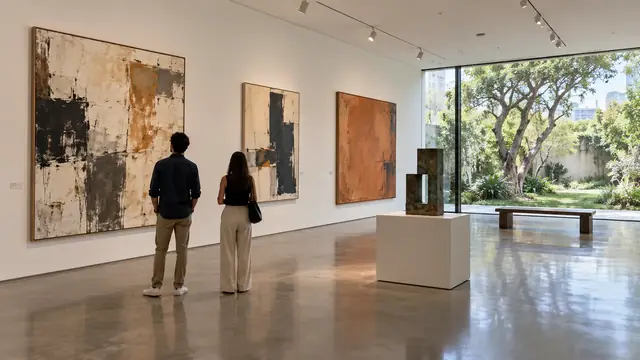 Deux visiteurs devant de grandes toiles abstraites dans une salle blanche, une sculpture sur un socle et une baie vitrée ouverte sur un jardin