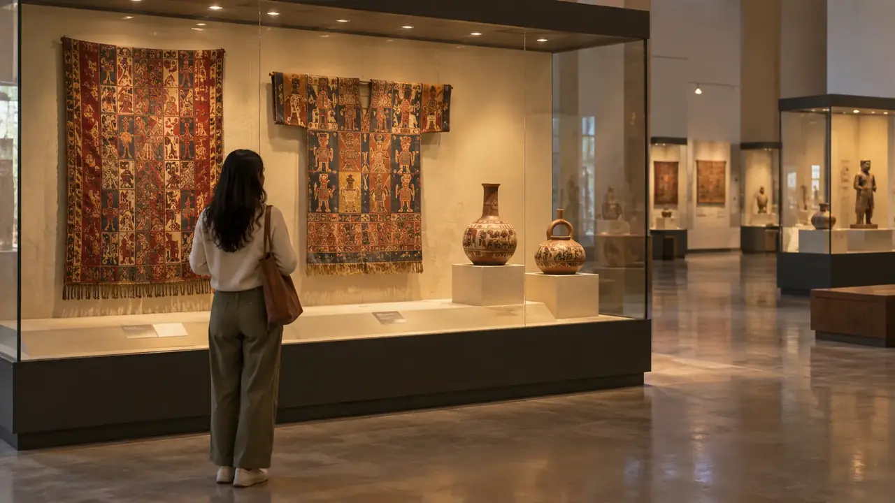 Visiteuse devant une vitrine de textiles anciens et de céramiques, dans une salle de musée aux vitrines éclairées