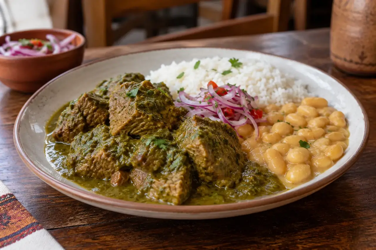 Morceaux de bœuf mijotés dans une sauce verte à la coriandre, haricots canarios, riz blanc et salsa criolla