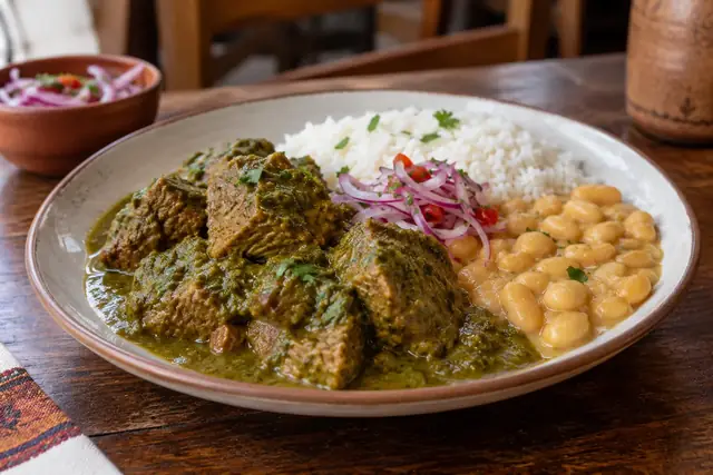 Morceaux de bœuf mijotés dans une sauce verte à la coriandre, haricots canarios, riz blanc et salsa criolla