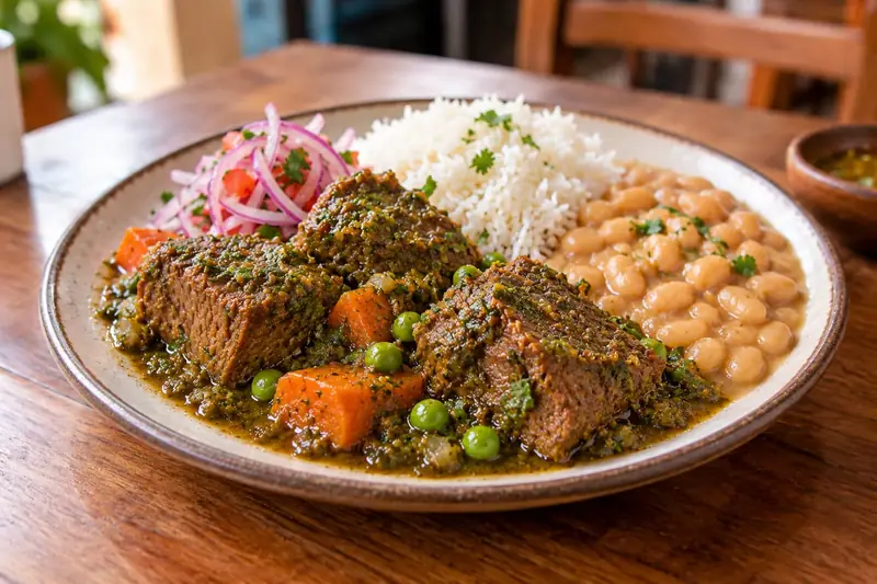 Morceaux de bœuf mijotés dans une sauce verte à la coriandre avec carottes et petits pois, riz blanc, haricots et salsa criolla