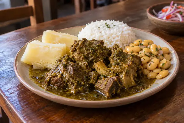 Morceaux de chevreau mijotés dans une sauce verte à la coriandre, avec manioc, haricots et riz