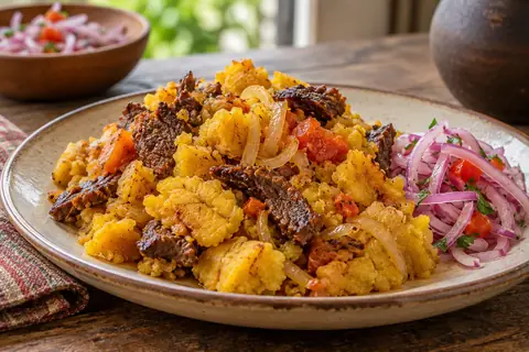 Banane plantain écrasée mêlée de morceaux de bœuf, d’oignon et de tomate, avec une salsa criolla