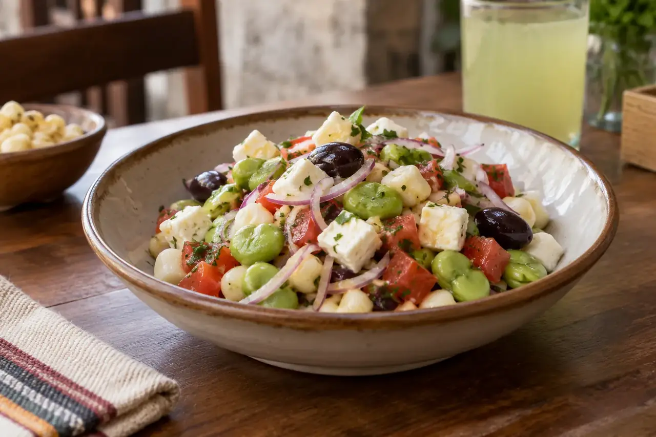 Saladier de fèves, de cubes de fromage frais, de tomate, d’oignon rouge, de maïs et d’olives noires