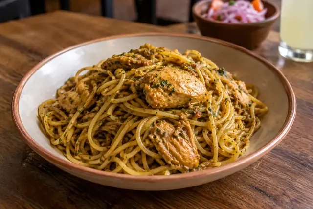 Assiette de spaghettis cuits dans une sauce brune au piment et au basilic, avec des morceaux de poulet