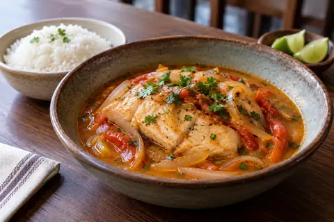 Bol de poisson mijoté dans un bouillon à la tomate, à l’oignon et au piment, avec du riz à côté