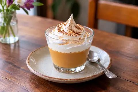 Verrine de manjar blanco couverte de meringue saupoudrée de cannelle