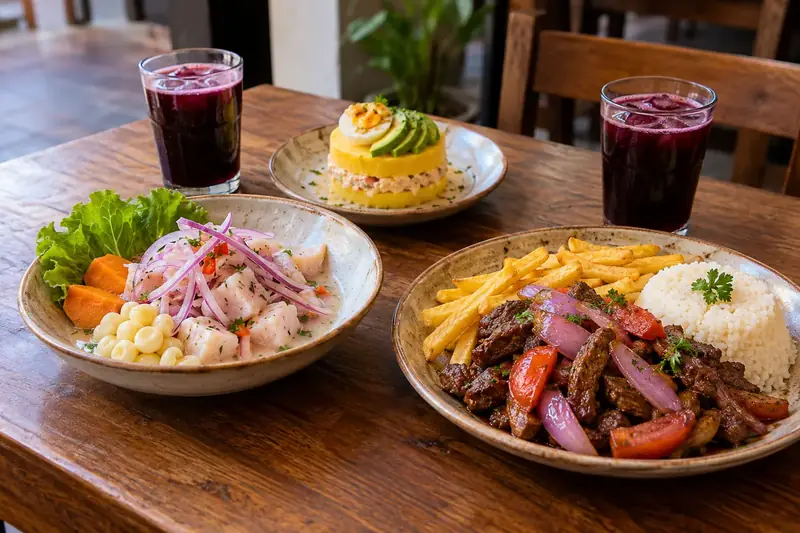 Table de bois avec un ceviche, une causa, un lomo saltado avec frites et riz, et deux verres de chicha morada