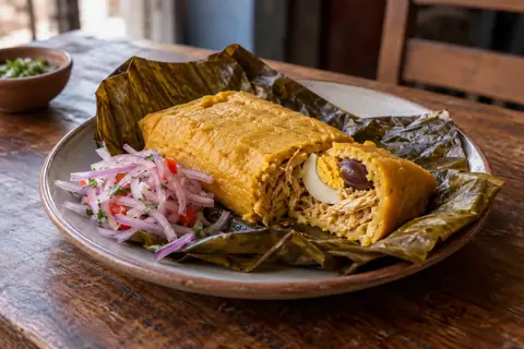 Tamal ouvert dans sa feuille de bananier, pâte de maïs farcie de poulet, d’œuf et d’olive, avec une salsa criolla