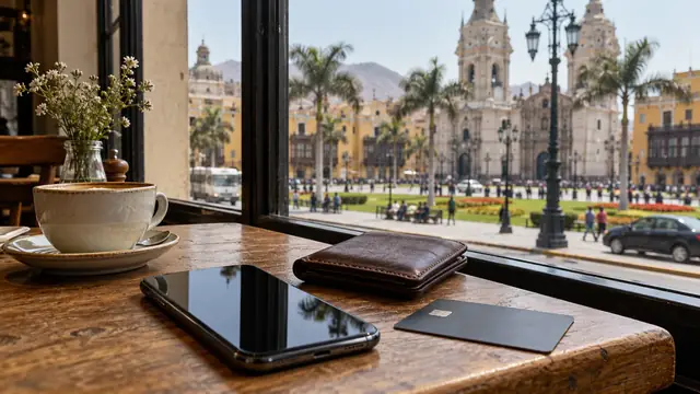 Téléphone, portefeuille et carte bancaire sur une table de café, devant une fenêtre donnant sur une place et sa cathédrale