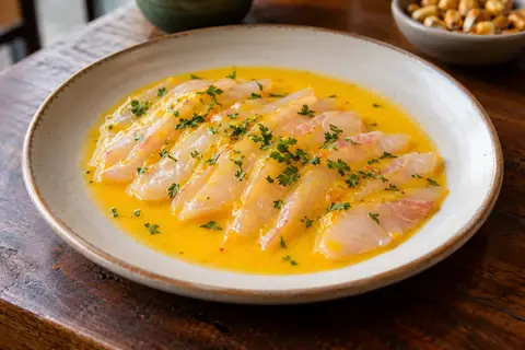 Fines tranches de poisson cru nappées d’une sauce jaune au piment et parsemées de persil, bol de maïs grillé en arrière-plan