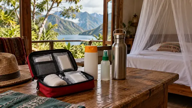 Trousse de premiers soins ouverte, crème solaire, spray anti-moustiques et gourde sur une table, lit à moustiquaire en arrière-plan
