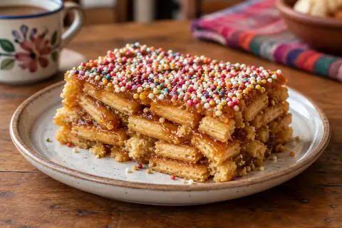 Part de turrón de Doña Pepa : bâtonnets de pâte empilés, nappés de sirop et couverts de petits bonbons colorés